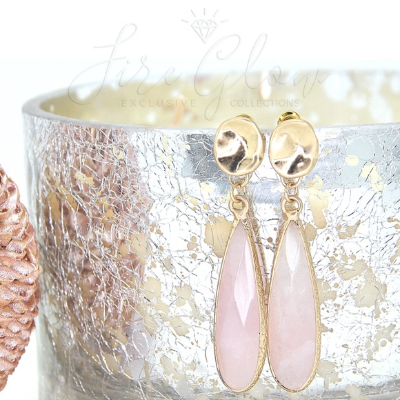 Long Teardrop Rose Quartz Earrings Hammered Metal - Picture 5 of 6